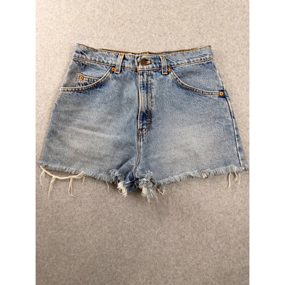 Vintage Levis 954 Orange Tab Denim Shorts Light Wash High Rise Frayed Hem Size 9